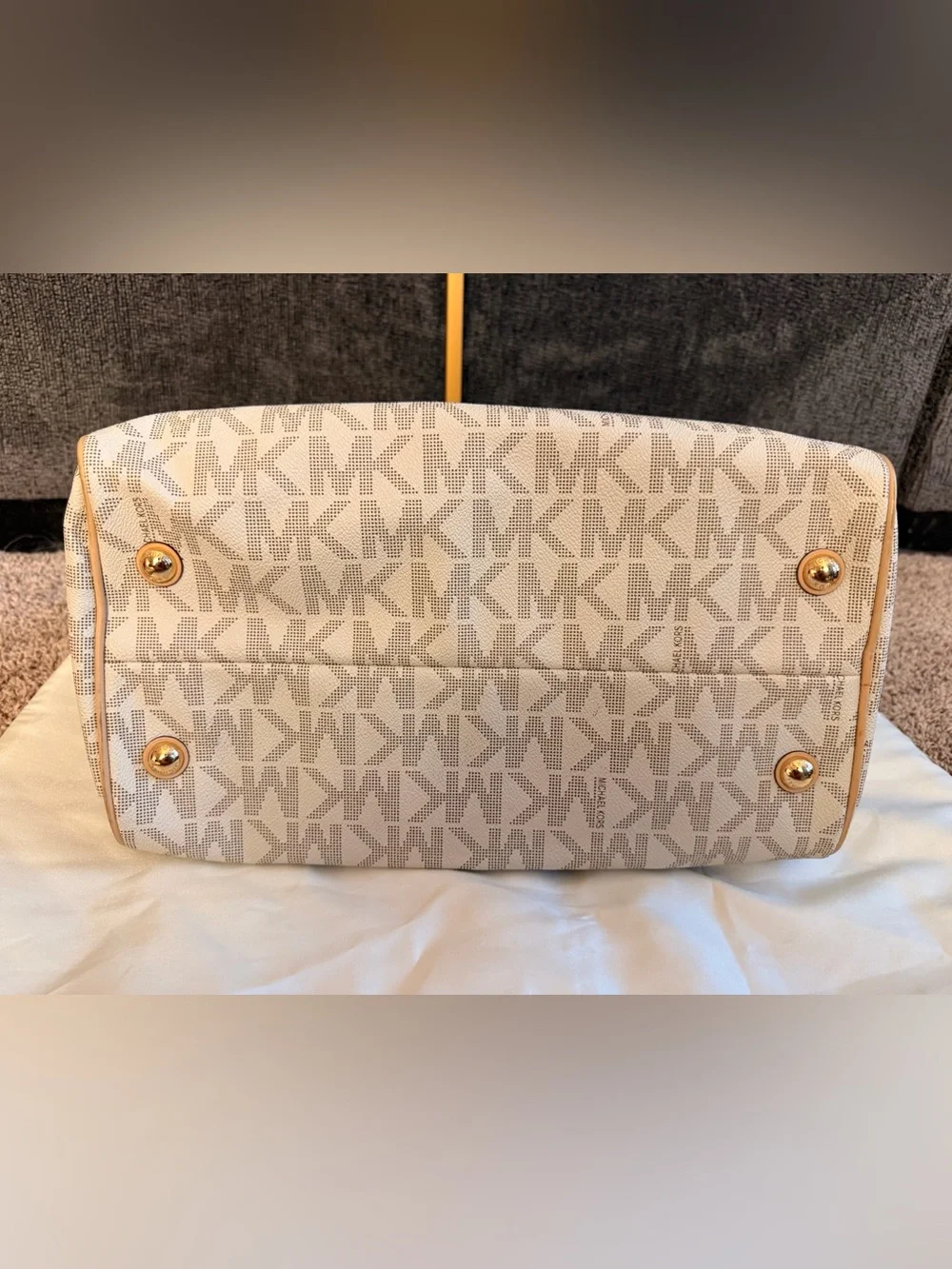 Michael Kors Cream Logo Satchel with Tan Leather Trim and Gold Hardware